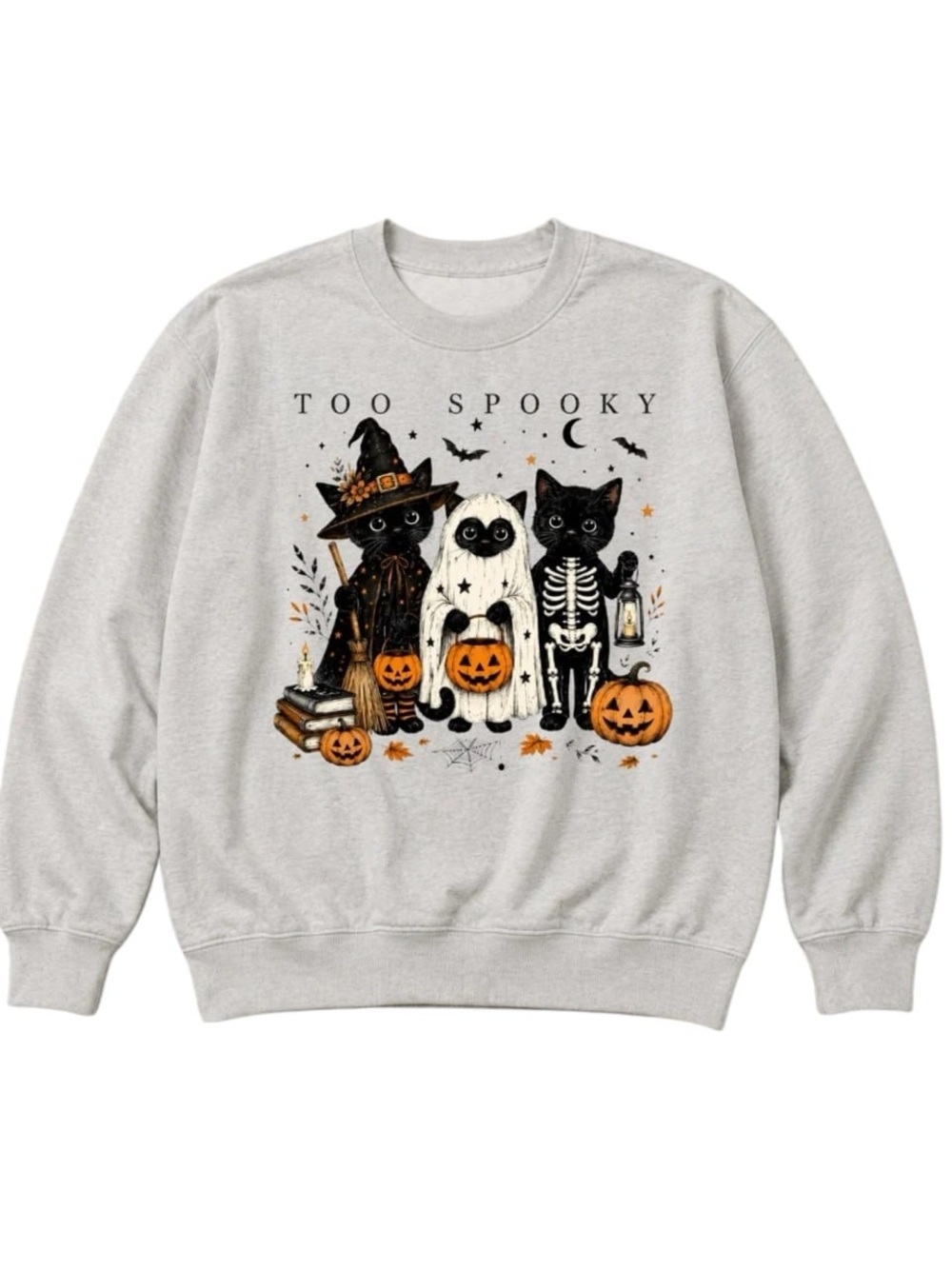 Ash Gray Too Spooky Halloween Cats Graphic Sweatshirt